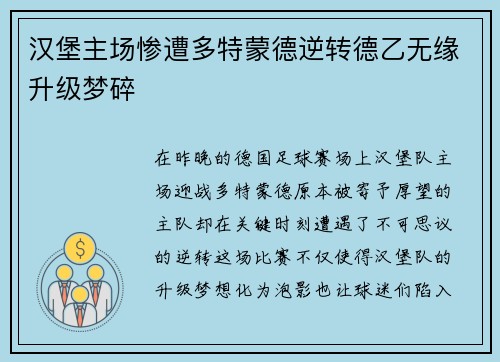 汉堡主场惨遭多特蒙德逆转德乙无缘升级梦碎
