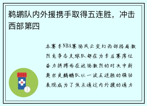 鹈鹕队内外援携手取得五连胜，冲击西部第四