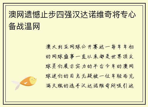 澳网遗憾止步四强汉达诺维奇将专心备战温网