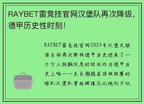 RAYBET雷竞技官网汉堡队再次降级，德甲历史性时刻！